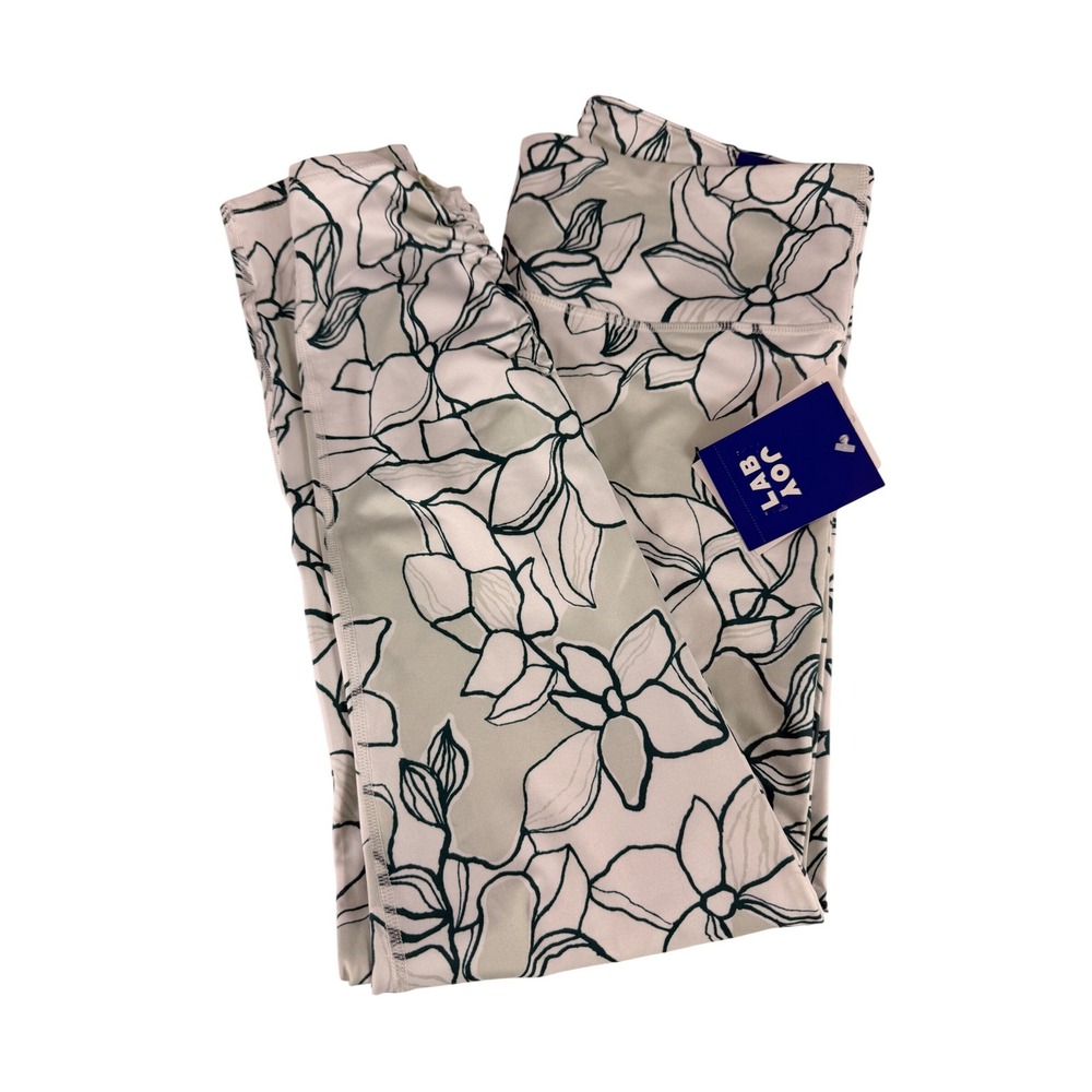 JoyLab Floral Leggings Large White Green High-Rise 7/8 Ruched‎ Ankle Activewear